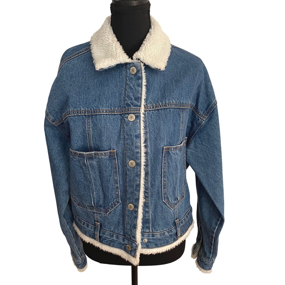 Forever 21 Denim Jacket Womens M Blue Cotton Faux Fur Trim Trucker Boho Gorpcore